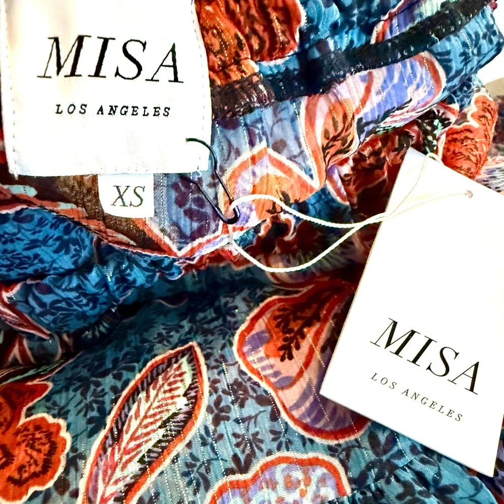 NWT MISA Los Angeles Esti Floral High-Low Midi‎ Skirt Ruffle Trim Cerulean Sz XS